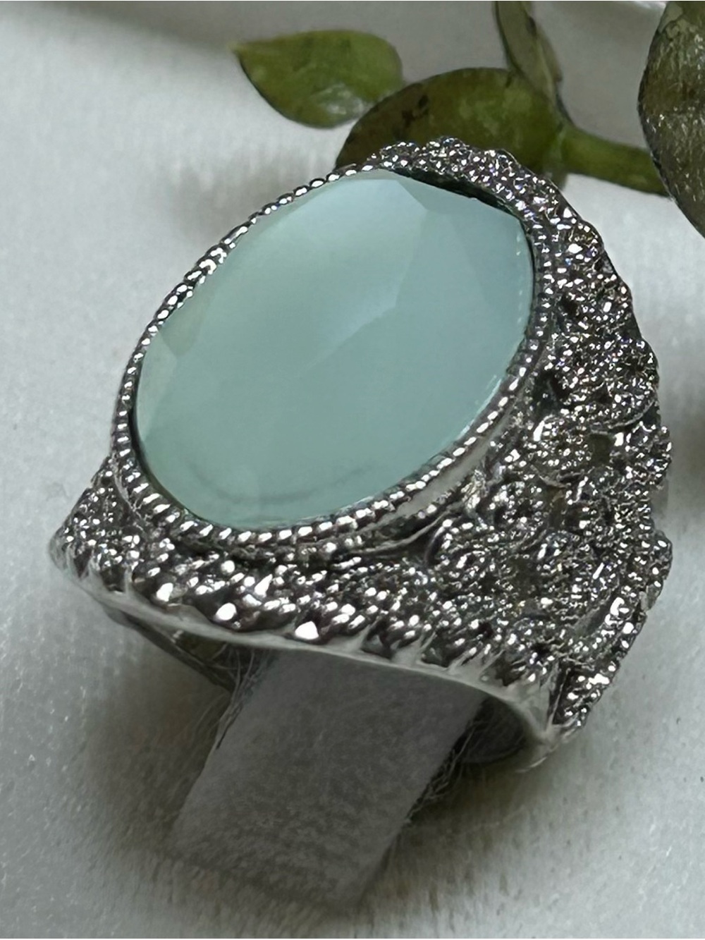 faceted oval light blue statement silver tone ring